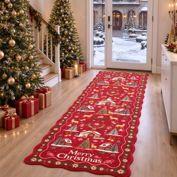 Kzaei Christmas Runner Rug 2x8 Scalloped Runners for Hallways, Red Kitchen Rugs Non-Slip Washable Entryway Bathroom Rugs, Red
