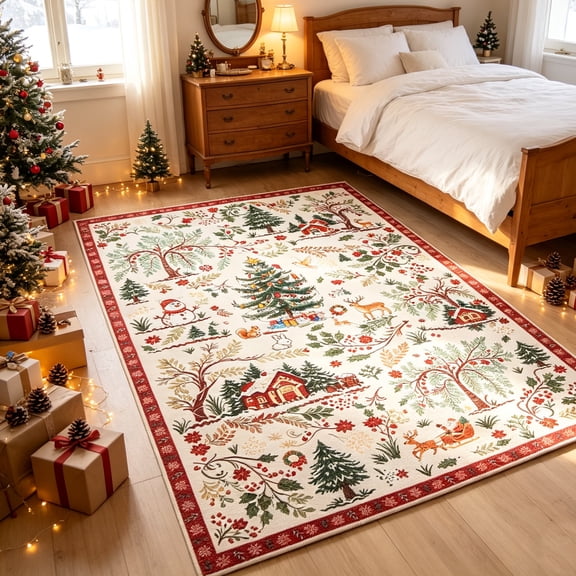 Kzaei Christmas Washable Rug 5x7 Area Rug for Living Room, Bedroom Rug Non-Slip Washable Indoor Door Mat,Soft Vintage Holiday Xmas Decor Floor Carpet for Dining Room Office Farmhouse, Off-White