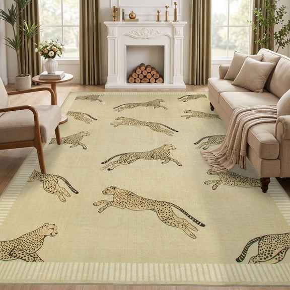 Kzaei Leopard Print Rug 8'x10', Non-Slip Soft Low Pile Washable Rug for Bedroom Dining Room Home Office, Beige