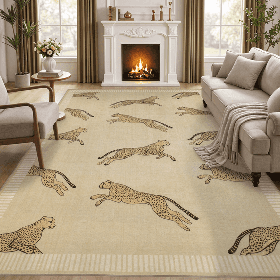 Kzaei Leopard Print Rug 8'x10', Non-Slip Soft Low Pile Washable Rug for Bedroom Dining Room Home Office, Beige