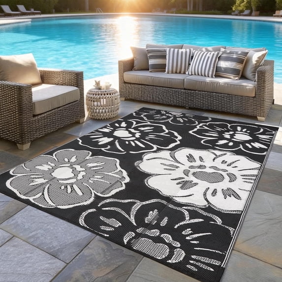 Kzaei Waterproof Outdoor Rug, 4'x6' Reversible Plastic Camping Area Rugs, Black & White