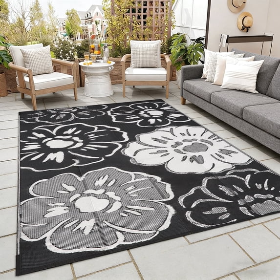 Kzaei Waterproof Outdoor Rug, 5'x8' Reversible Plastic Camping Area Rugs, Black & White