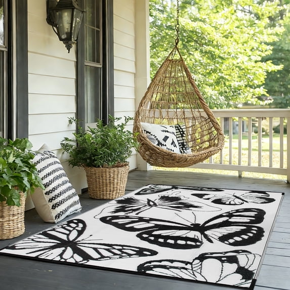 Kzaei Waterproof Outdoor Rug, 6'x9' Reversible Plastic Camping Area Rugs, Black & White