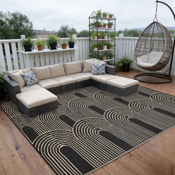 Kzaei Waterproof Outdoor Rug, 9'x12' Reversible Plastic Camping Area Rugs, Black & Brown