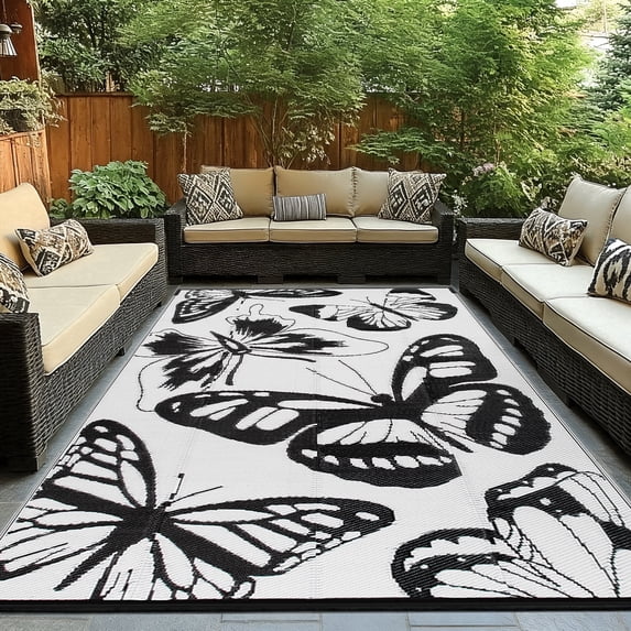 Kzaei Waterproof Outdoor Rug, 9'x12' Reversible Plastic Camping Area Rugs, Black & White