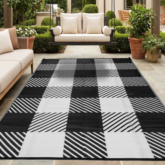 Kzaei Waterproof Outdoor Rug, 9'x12' Reversible Plastic Camping Area Rugs, Black