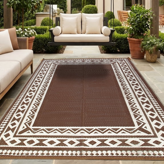 Kzaei Waterproof Outdoor Rug, 9'x12' Reversible Plastic Camping Area Rugs, Brown