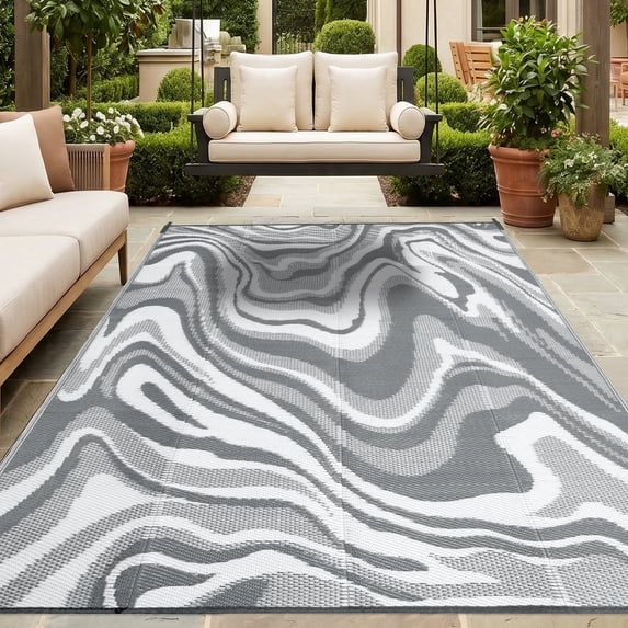 Kzaei Waterproof Outdoor Rug, 9'x12' Reversible Plastic Camping Area Rugs, Gray & White
