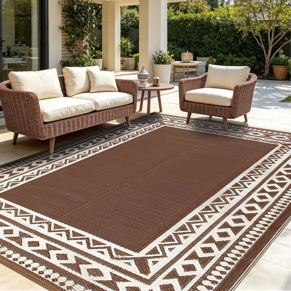 Kzaei Waterproof Outdoor Rug, 5'x8' Reversible Plastic Camping Area Rugs, Brown