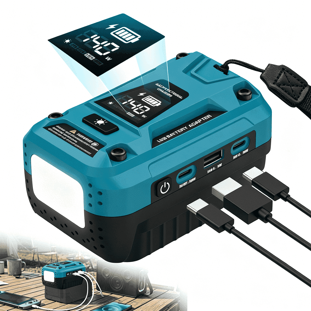 Mightrench 140W USB Battery Charger – Compatible With Makita 18V Batteries, 2 PD 3.1 USB-C + 1 QC USB-A, 700LM LED With 5 Modes, Battery Status Display (Adapter Only)