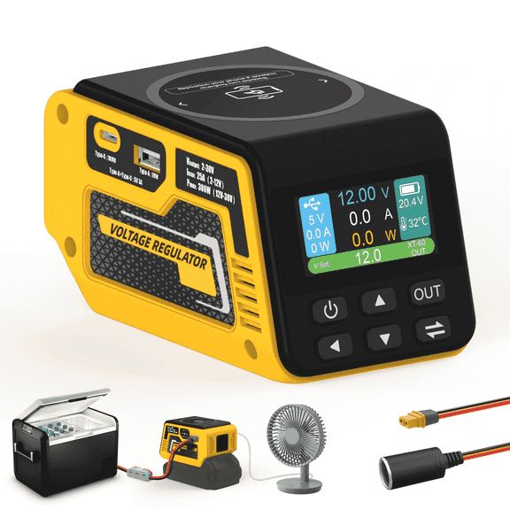 Kzreect 300W Yellow Voltage Regulator Compatible with Dewalt 20V Battery, 2–30V DC Output, Type-C & USB Fast Charger, LCD Display for Outdoor