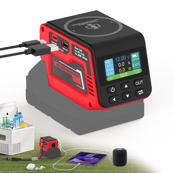 Kzreect 300W Voltage Regulator Compatible with Mil-w-k 18V Battery, 2–30V XT60 Output, Type-C & USB Fast Charger, LCD Display for Outdoor Camping