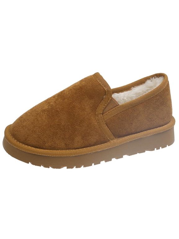 L-068 Khaki Womens Casual Winter Boots Round Toe Buckled Flat Velvet Warm Solid Color Comfortable Moccasins Shoes