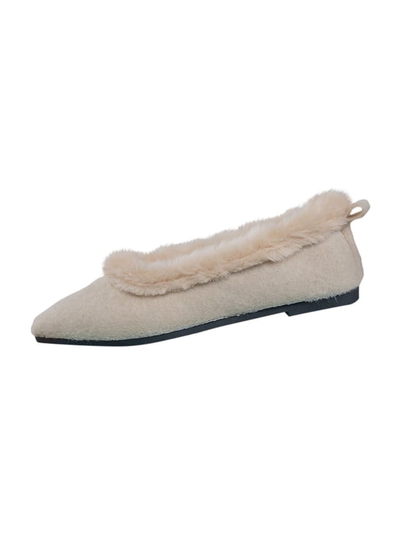L-377 Beige Fashionable Winter Moccasins For Women With Soft Velvet Insulation Pointed Toe Mule Flat Breathable Shoes For Indoor And Outdoor
