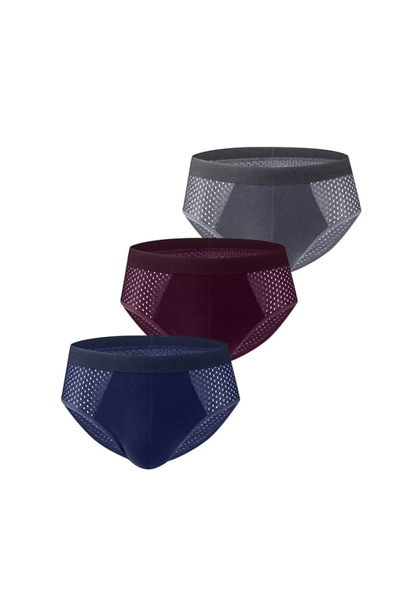 L-4X Big & Tall Underwear for Men 3 Pack Plus Size Mid Waisted Breathable Hollow-Out Stretchy Solid Multipack Silk Briefs Summer