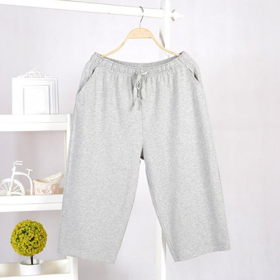 L-4X Capris Pajama Pants for Men with Pockets Big & Tall Plus Size Wide Leg Trousers Mens Casual Drawstring Elastic Waist Loungewear Pant