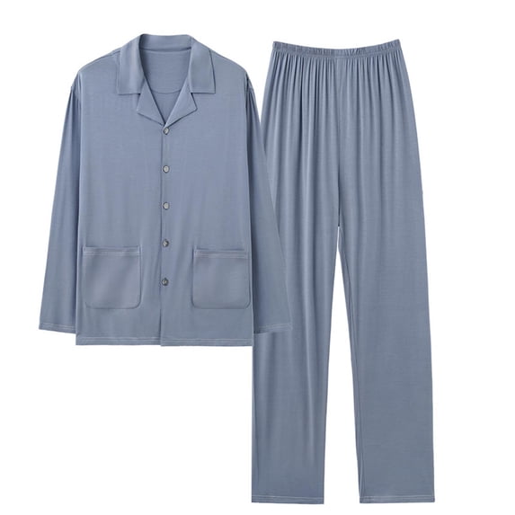 L-4X Plus Size Modal Pajama Sets for Men with Pockets 2 Piece Long Sleeve Button-Down Shirts and Wide Leg Pants Soft Loungewear Pajamas Outfits Set