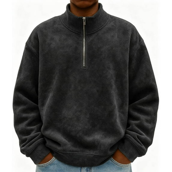 L-4X Plus Size Sueded Sweatshirts for Men with Zipper Big & Tall Shirts Mens Long Sleeve Solid Color Pullover Drop Shoulder Mock Neck Sweatshirt Tops