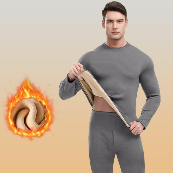 L-4X Plus Size Thermal Underwear for Men 2 Piece Long Johns Sets Mens Stretchy Slim Fleece Lined Solid Color Sweatshirts and Pants Winter Thermals