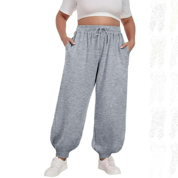 L-4XL Plus Size Womens Athletic Sweatpants Wide Leg High Waisted Drawstring Workout Baggy Joggers with Pockets Gray XXL