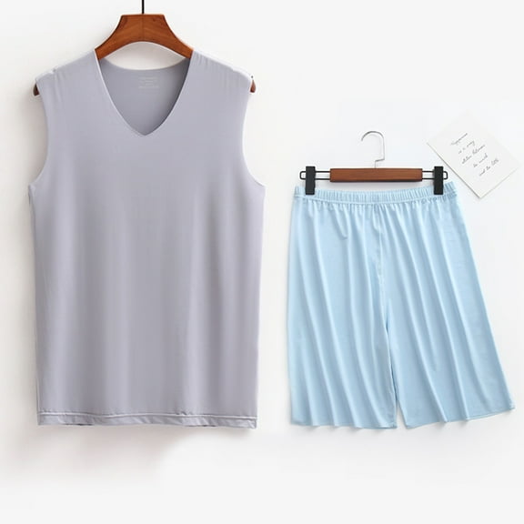 L-5X Plus Size Mens Silk Pajama Sets Big & Tall Loungewear Outfits Lightweight Solid Stretchy Tank Tops and Shorts Athletic Workout Suits