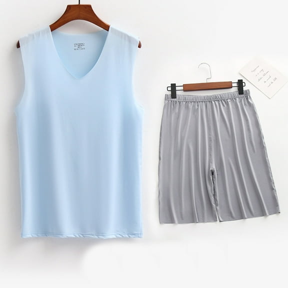 L-5X Plus Size Mens Silk Pajama Sets Big & Tall Loungewear Outfits Lightweight Solid Stretchy Tank Tops and Shorts Athletic Workout Suits