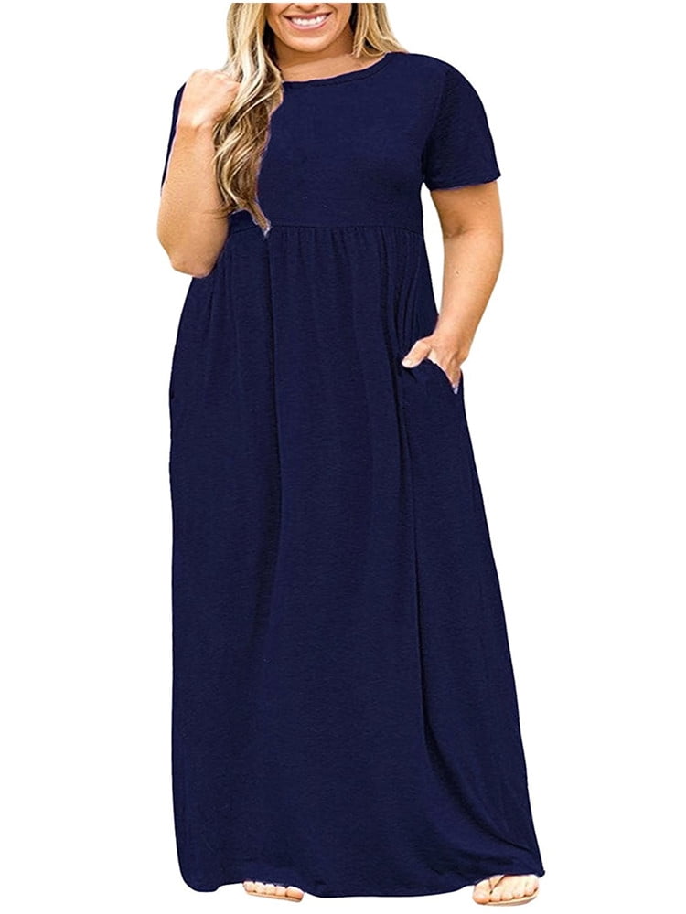 L-5XL Plus Size Women's Solid Color Casual Long Dress with Pocket 