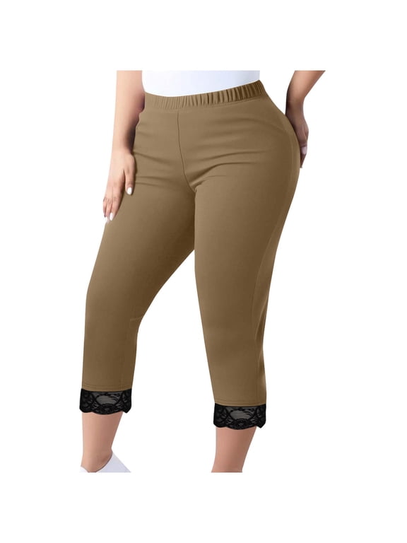 L-5XL Plus Size Womens Capri Pants,Slim Fit Stretch Lace Trim Elastic Waist Gym Yoga Capris