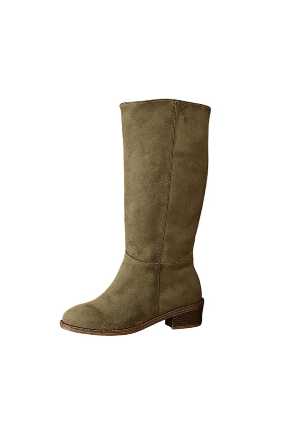 L-692 Army Green Ladies Round Toe Mid Calf Boots Suede Mid Heel Slip On Comfortable Casual Plus Size Riding Style Shoes