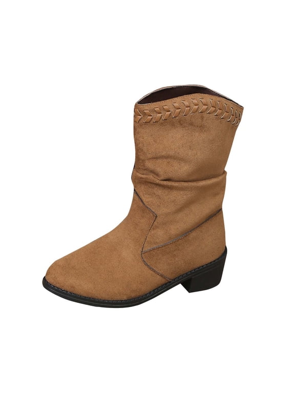L-84 Brown Ladies Fashion Winter Ankle Boots Round Toe Chunky Low Heel Suede Booties Solid Comfort