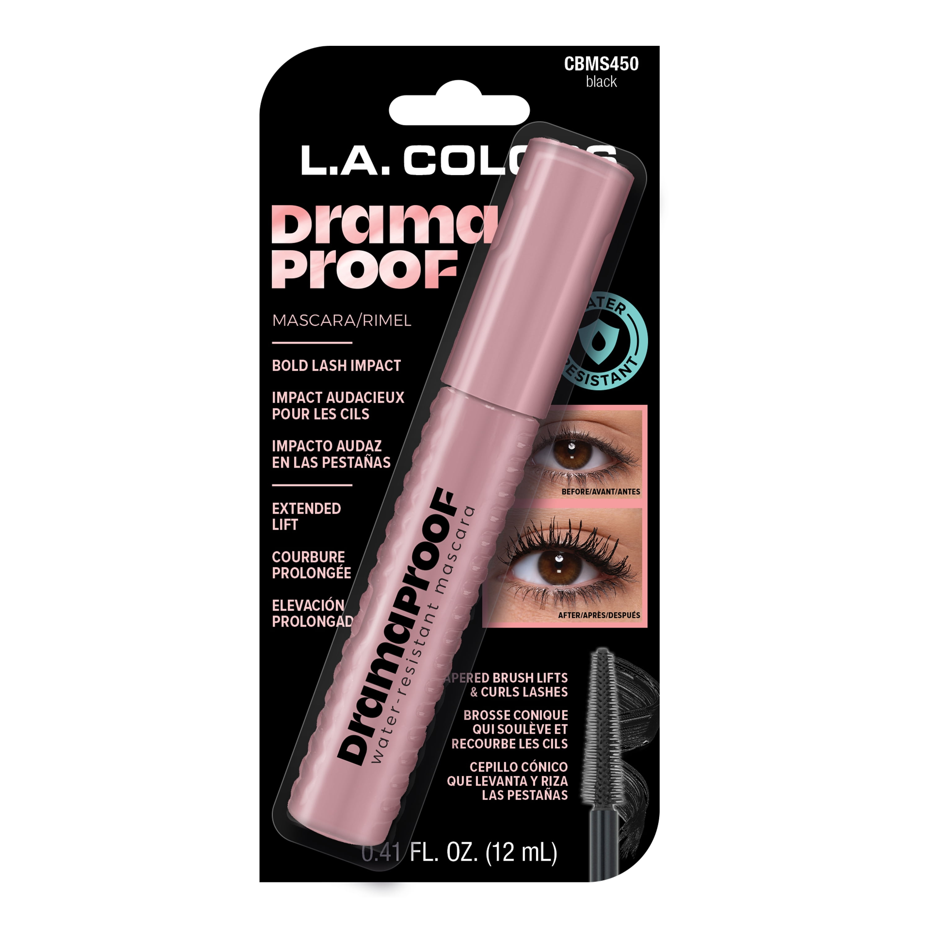 L.A. COLORS Drama Proof Lengthening and Water-Resistant Mascara with Cone-Shaped Brush, Black, 0.41 fl oz