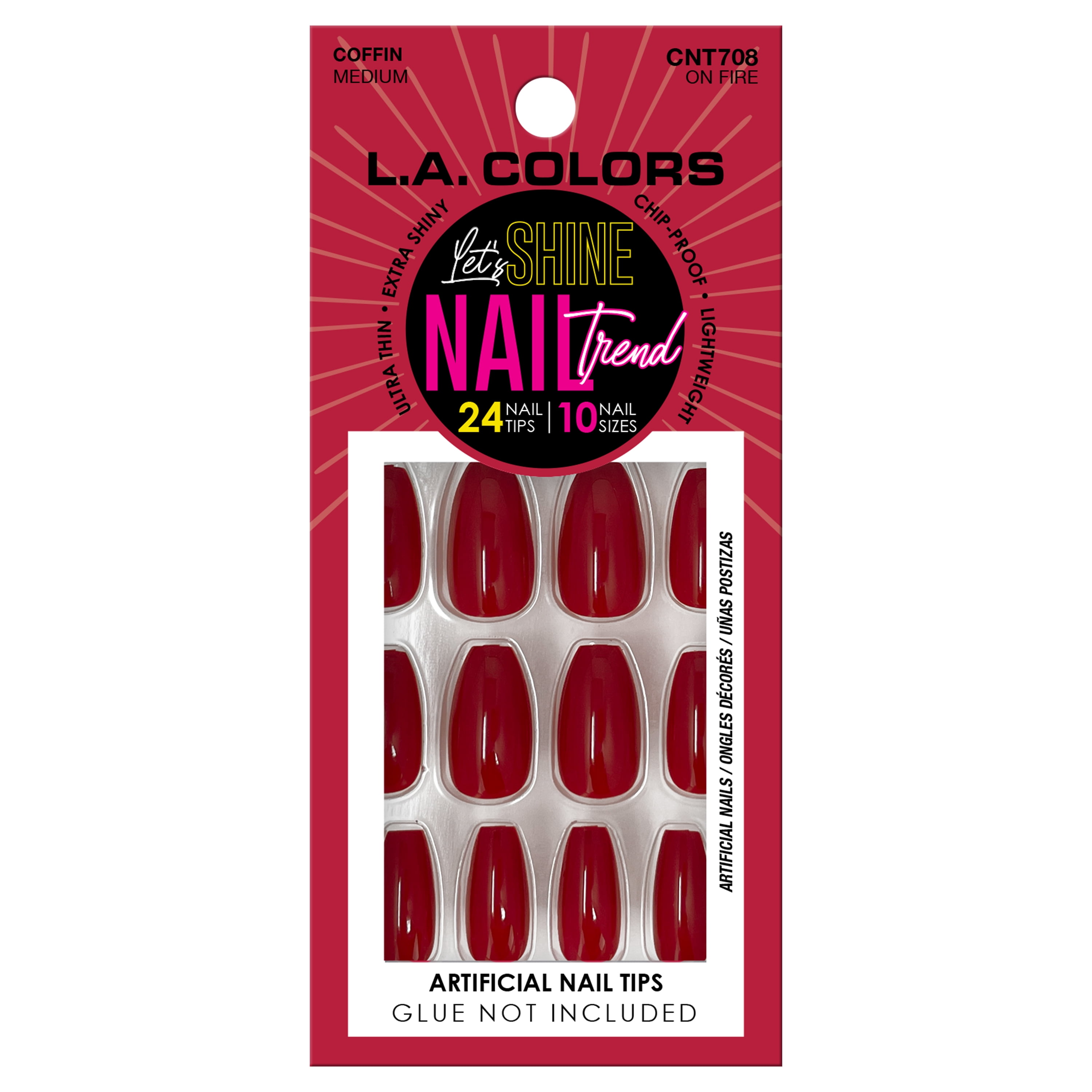 L.A. COLORS Shine Nail Trend Nail Tips, Coffin Shape, On Fire, 24