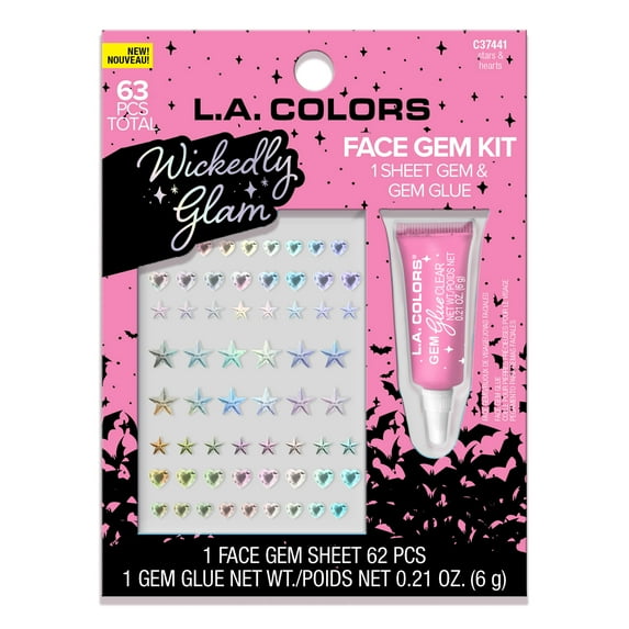 L.A. COLORS Wickedly Glam, Face Gem Kit, 1 Sheet Gem & Gem Glue, Stars & Hearts, 62 Piece