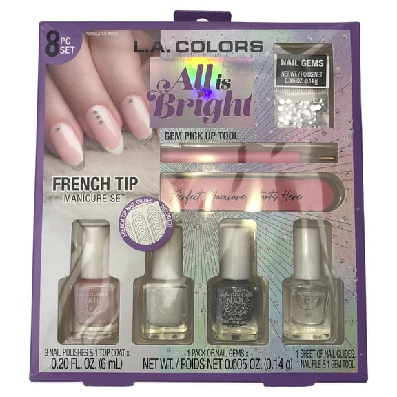 L.A. Colors All Is Bright 8pc French Tip Mancure Set, Gem Pick UP Tool, Nail Gems, French Tip Nail Guide