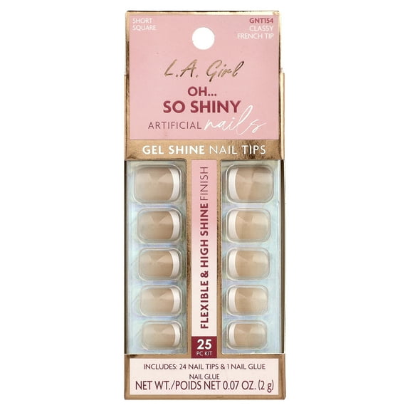 L.A. Girl Oh So Shiny Artificial Nails, Gel Shine Nail Tips, GNT154 Classy French Tip, 25 Piece Kit