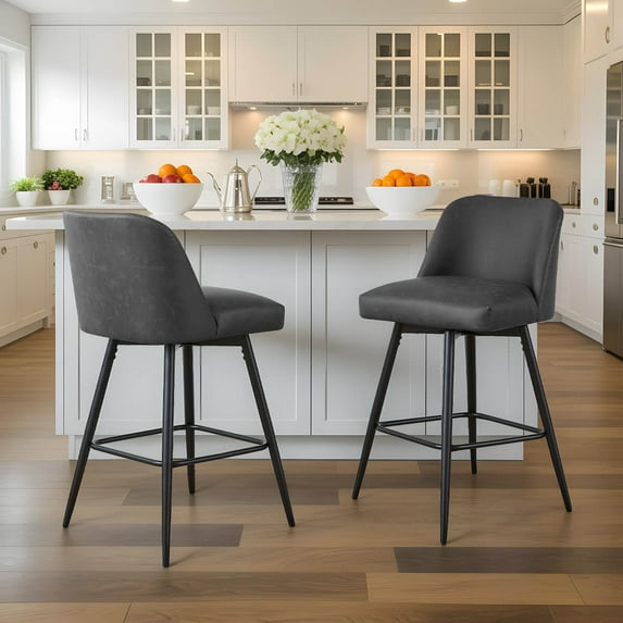 L'AGRATY 360° Swivel Modern Bar Stools Set of 2, 26" Counter Height Barstools with High Backs, Kitchen Island Stools, For Bar & Home,Faux Leather, Grey