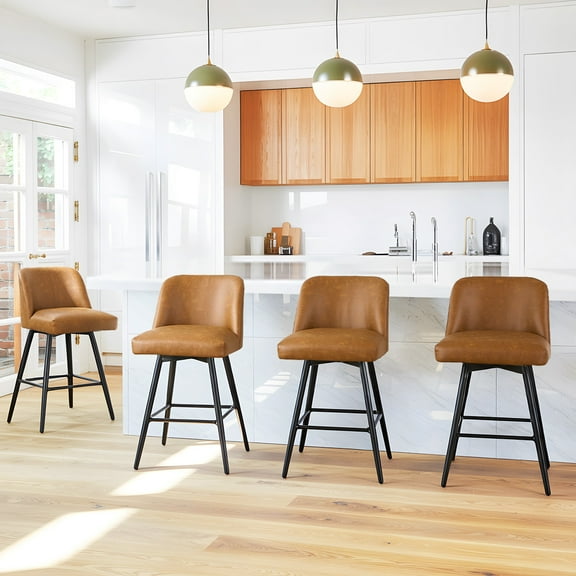 L'AGRATY 360° Swivel Modern Bar Stools Set of 4, 26" Counter Height Barstools with High Backs, Kitchen Island Stools, For Bar & Home,Faux Leather, Brown