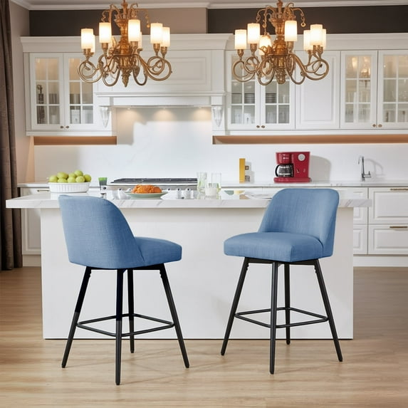 L'AGRATY 360° Swivel Modern Bar Stools Set of 2, 26" Counter Height Barstools with High Backs, Kitchen Island Stools, For Bar & Home,Linen, Blue