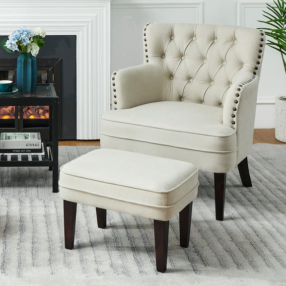 L'AGRATY Accent Chair with Ottoman, Tufted Armchair and Ottoman for Bedroom Living Room, Beige