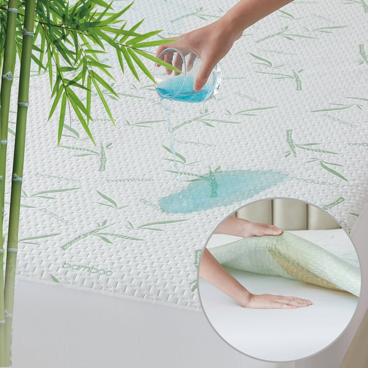 L'AGRATY Bamboo Waterproof Mattress Protector Queen Size, Cooling Mattress Cover Breathable Ultra Soft, Mattress Pad Noiseless Washable for Pets Kids Adults White
