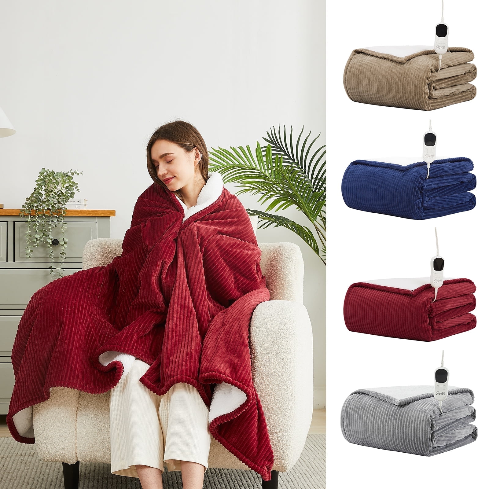 L'AGRATY Electric Heated Throw Blanket, Flannel & Sherpa Cozy Soft Electric Throw with 5 Heat Settings & 4 Hours Auto -Off, 84x90 Inch, Red