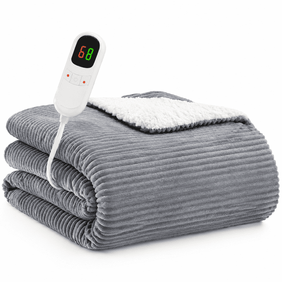 L'AGRATY Heated Throw Blanket，Soft Flannel & Sherpa Electric Blanket with 10 Heat Settings, Auto-Off and Overheat Protection, ETL Certified, 50"x60", Light Gray