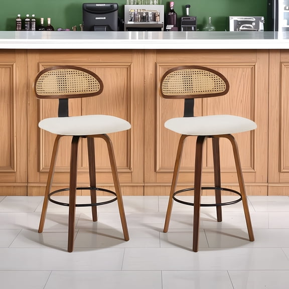 L'AGRATY Modern Bar Stools, Set of 2, 26'' Counter Height Bar Stools with Rattan Backrest, Swivel, Linen Cushion Bar Island Chairs for Kitchen Cafe, Bistro, Brown
