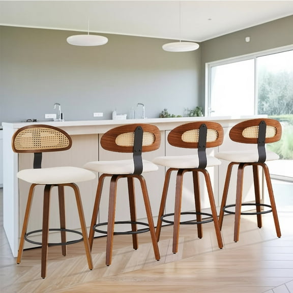 L'AGRATY Modern Bar Stools, Set of 4, 26'' Counter Height Bar Stools with Rattan Backrest, Swivel, Linen Cushion Bar Island Chairs for Kitchen Cafe, Bistro, Brown