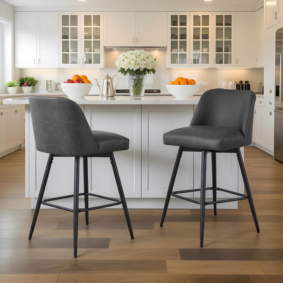 L'AGRATY Modern Bar Stools Set of 2, 26" High-Back Counter Stools, Faux Leather Upholstery, for Kitchen Island, Home Bar, Grey