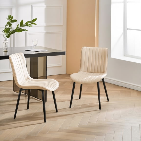 L'AGRATY Modern Dining Chairs Set of 2, High Back PU Leather Upholstered Kitchen Chairs with Cushion - Heavy Duty Metal Legs for Dining Room, Restaurant, Cafe (Beige)