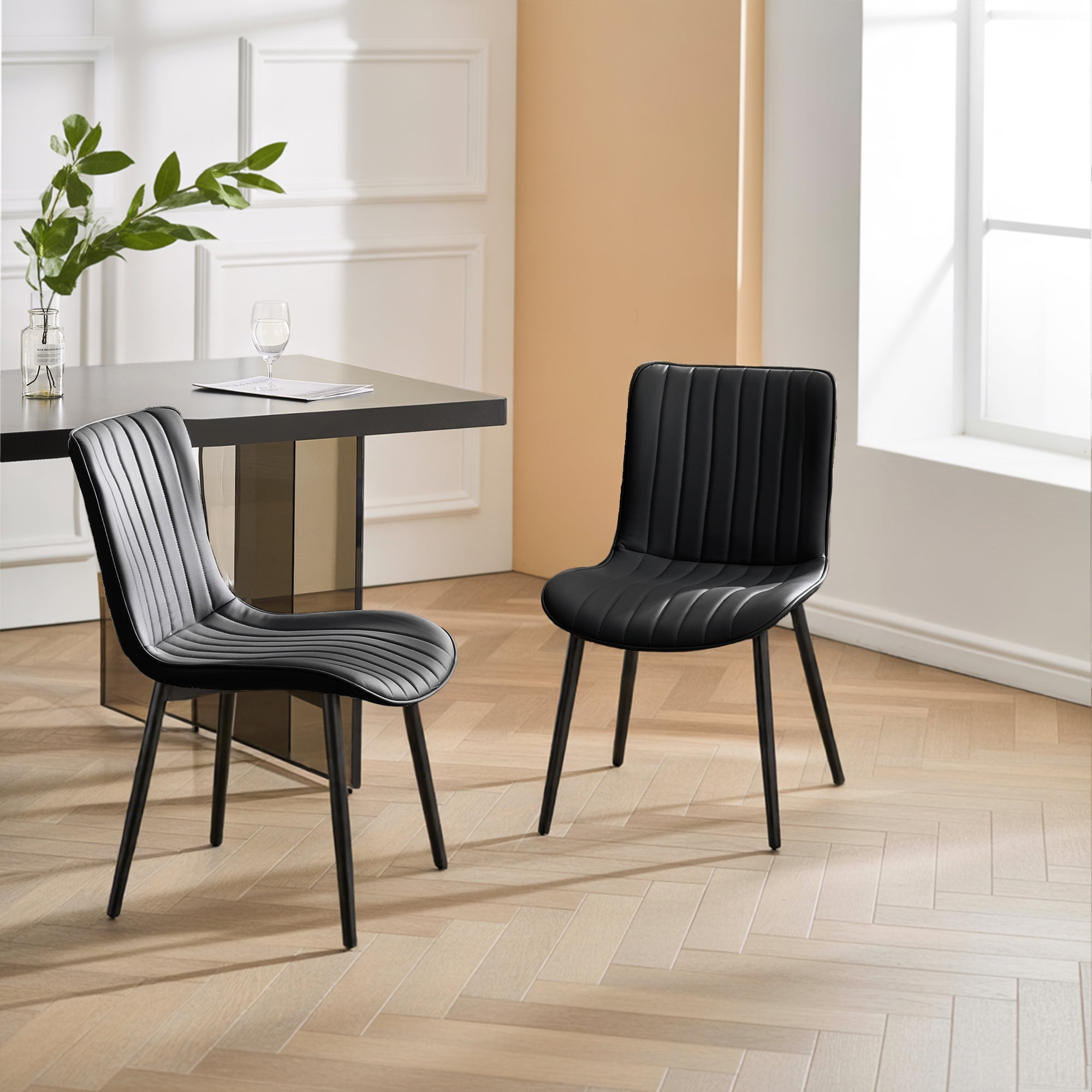 L'AGRATY Modern Dining Chairs Set of 2, High Back PU Leather Upholstered Kitchen Chairs with Cushion - Heavy Duty Metal Legs for Dining Room, Restaurant, Cafe (Black)
