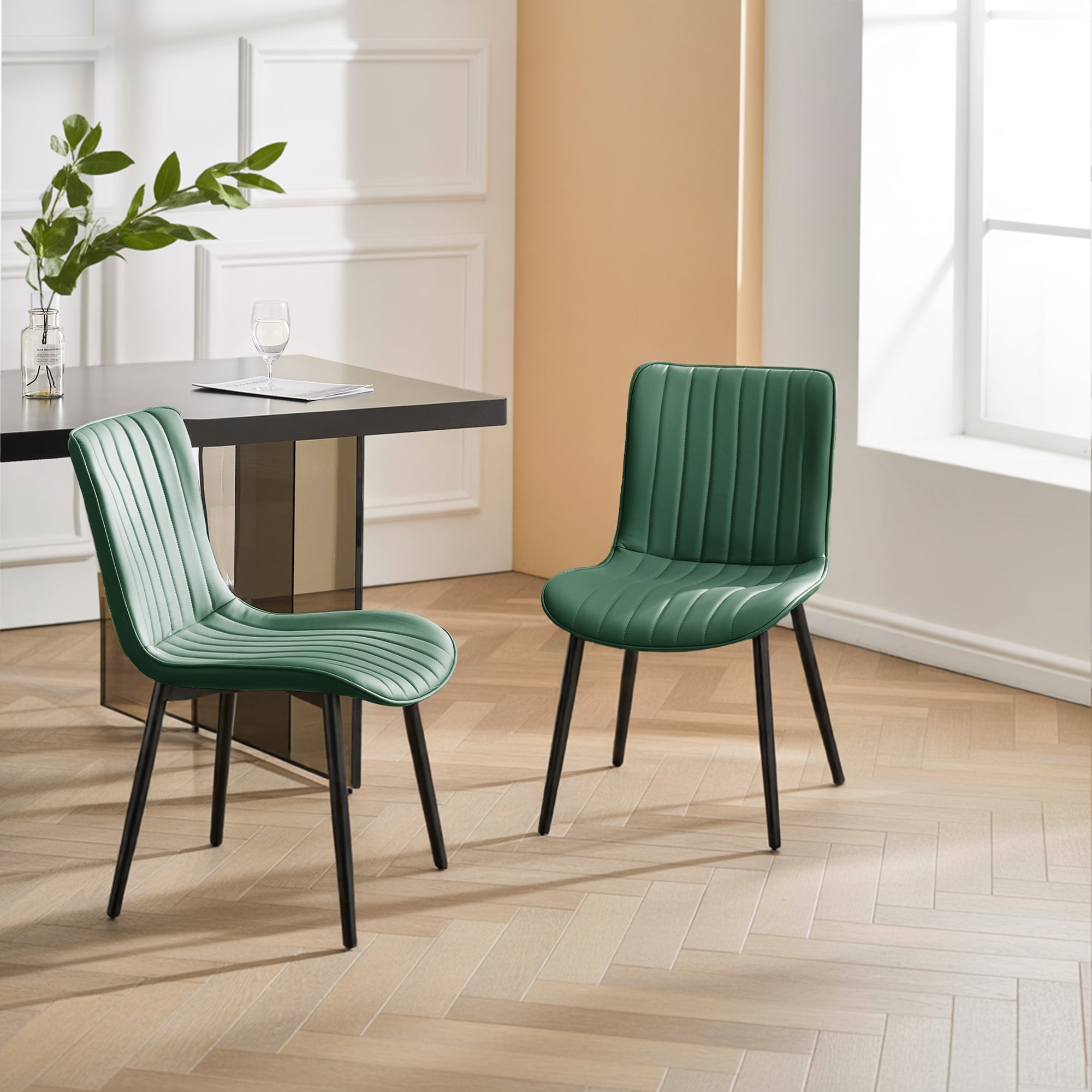 L'AGRATY Modern Dining Chairs Set of 2, High Back PU Leather Upholstered Kitchen Chairs with Cushion - Heavy Duty Metal Legs for Dining Room, Restaurant, Cafe (Green)