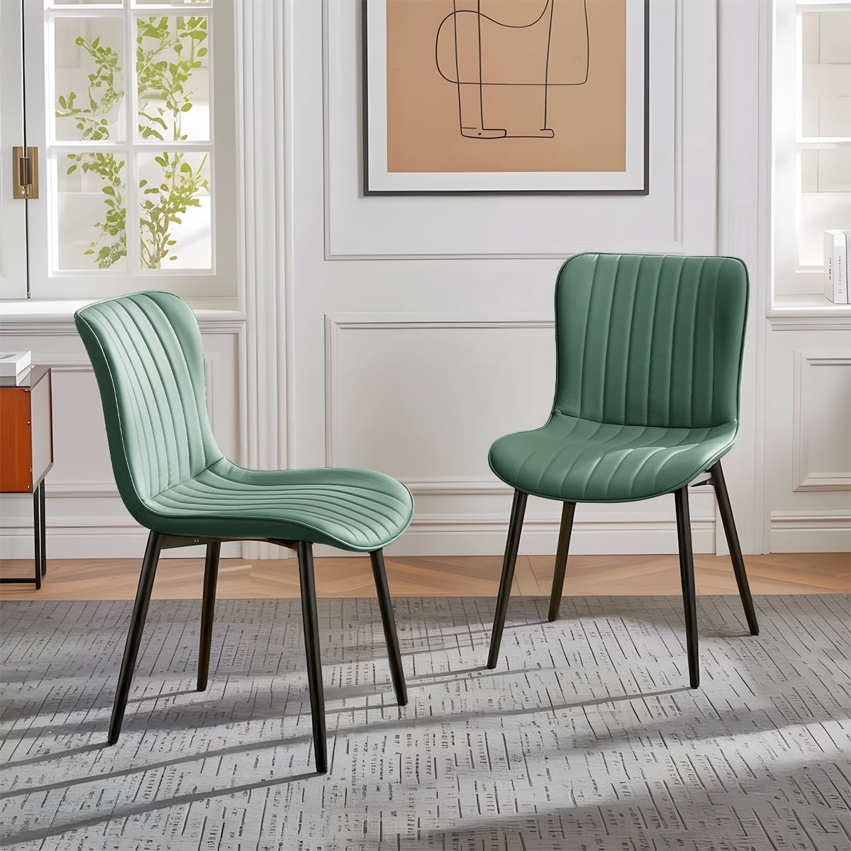 L'AGRATY Modern Dining Chairs Set of 2, PU Leather Upholstered Side Chairs with High Backrest, Kitchen Chair,Heavy Duty, Cushions & Durable Metal Legs for Kitchen, Dining Room,Restaurant,Green