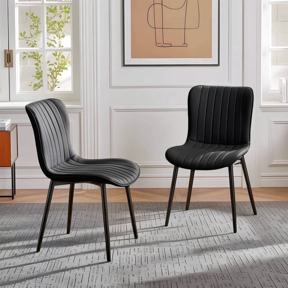 L'AGRATY Modern Dining Chairs Set of 2, PU Leather Upholstered Side Chairs with High Backrest, Kitchen Chair,Heavy Duty, Cushions & Durable Metal Legs for Kitchen, Dining Room,Restaurant,Black